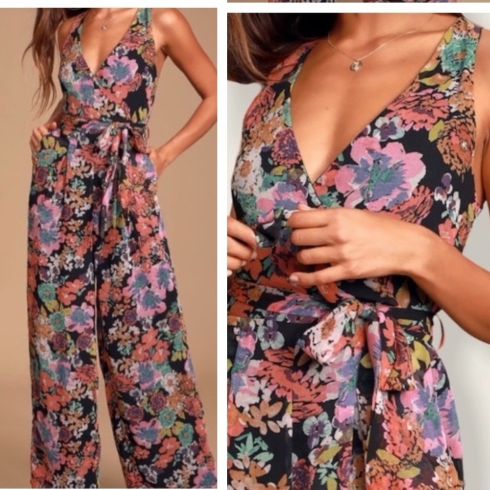 ❤️Lulus Sweetest Romance Black Multi Floral Print Wide-Leg Jumpsuit